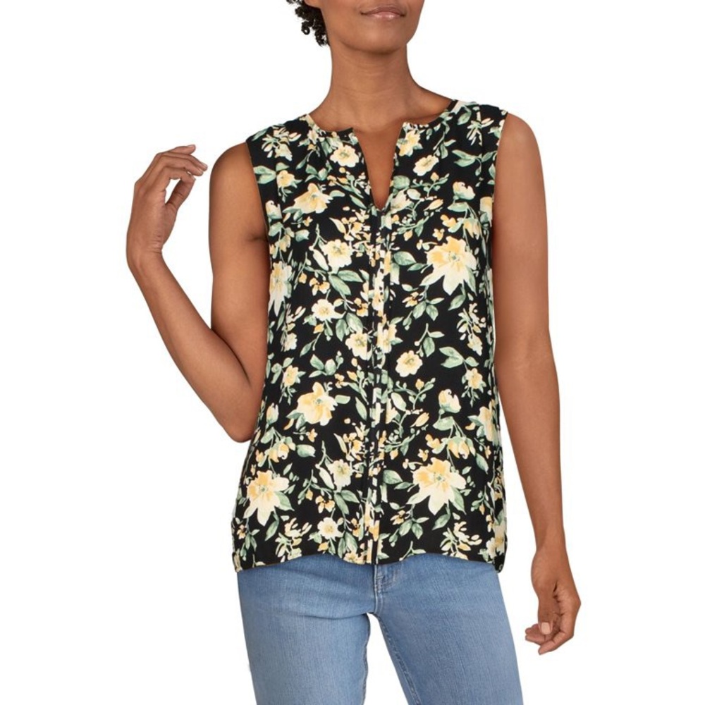 Catherine Malandrino Black Floral Sleeveless Split Neck Box Pleat Blouse